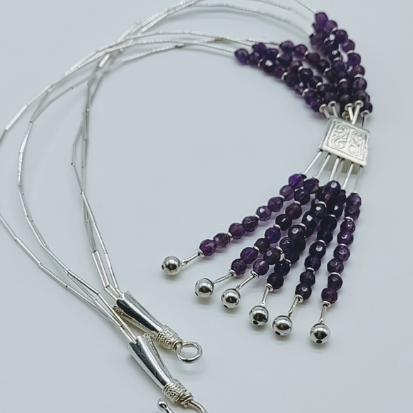 Vintage Sterling Liquid Silver Amethyst Tassel Necklace - Picture 4 of 11